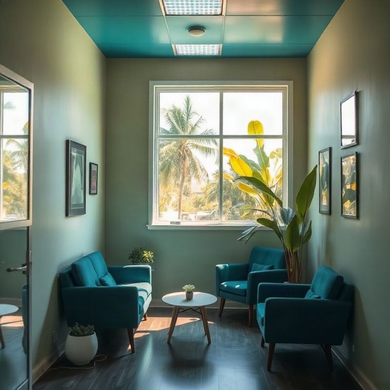 Interior de um escritório de serviços em Belo Horizonte com acentos teal e luz natural