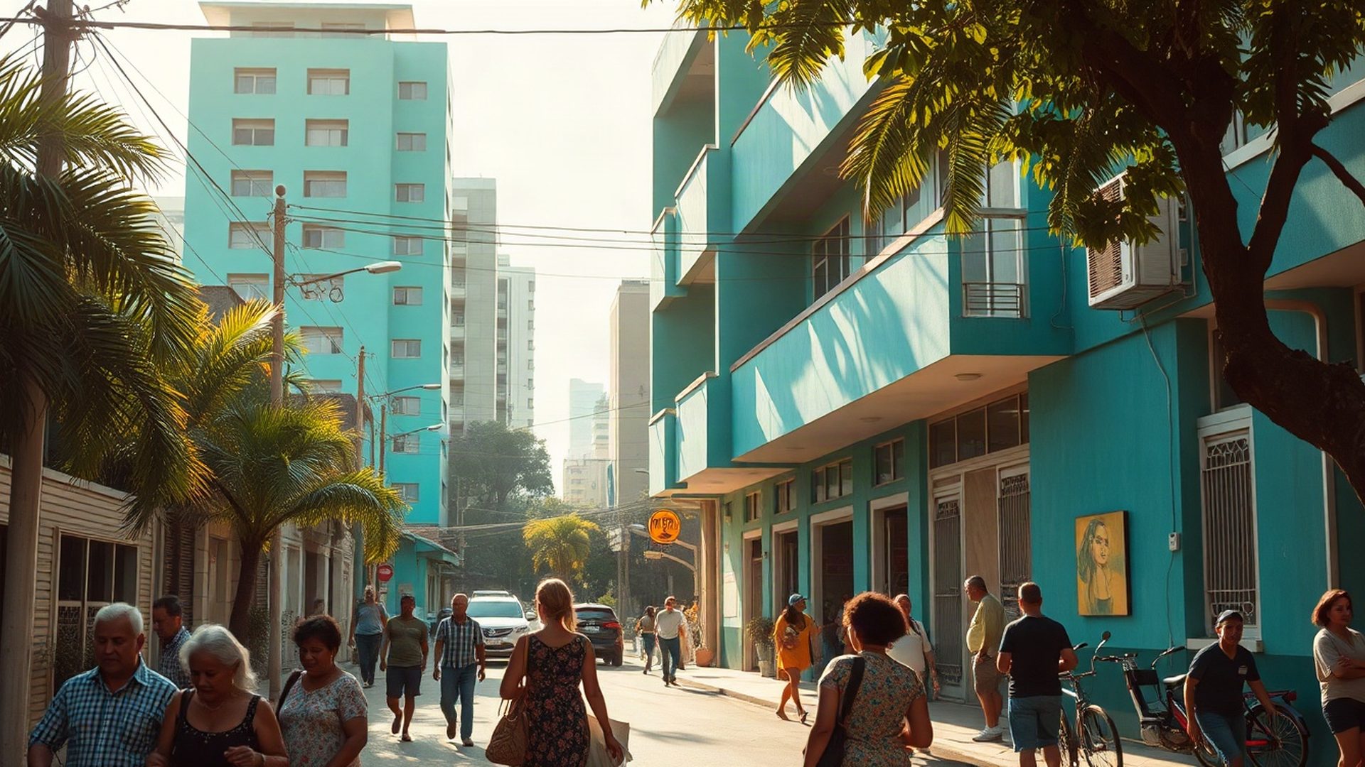 Cena de rua em Belo Horizonte com moradores e arquitetura modernista sob luz equatorial